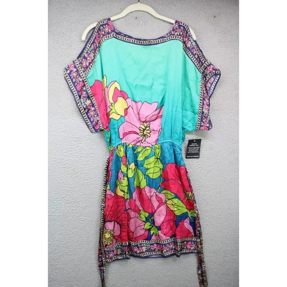 Boston Proper Silky Floral Dress-Size Small-Belted-Cold Shoulder-New w/Tags - Picture 1 of 11